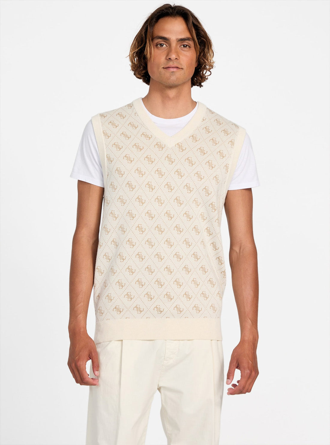 GUESS Mens Beige Horace 4G Logo Jacquard Vest M5YR09Z3OE2 Front View