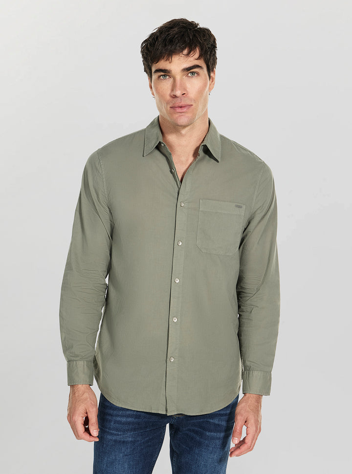 GUESS Mens Green Long Sleeve Crinkle Shirt M6GH11W1697 Front View