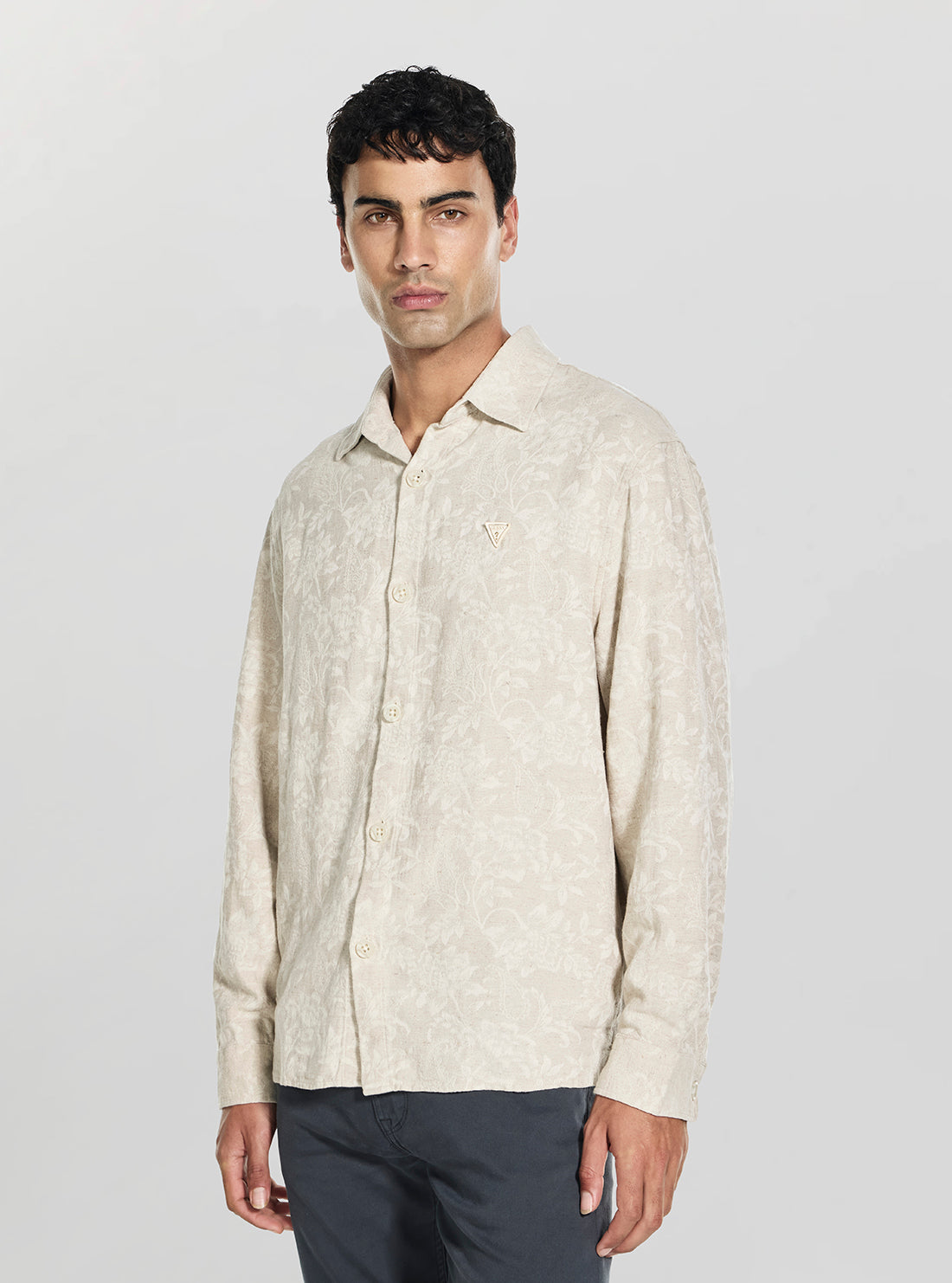 GUESS Mens Taupe Flower All Over Jacquard Overshirt M6GH24W1715 Front View2