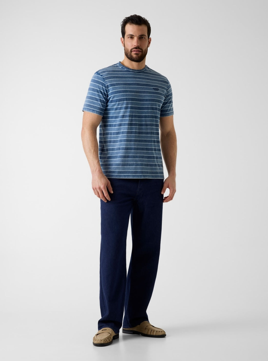 GUESS Mens Blue Striped Embroidered T-Shirt M6GI12K2993 Full View