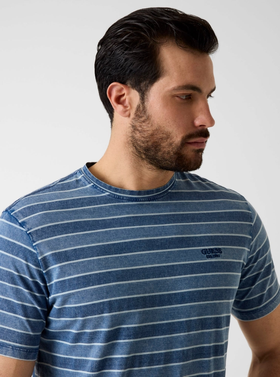 GUESS Mens Blue Striped Embroidered T-Shirt M6GI12K2993 Detail View