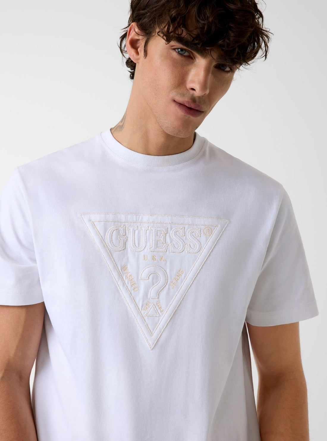 GUESS Mens White Logo Stitchings T-Shirt M6GI15K3008 Detail View