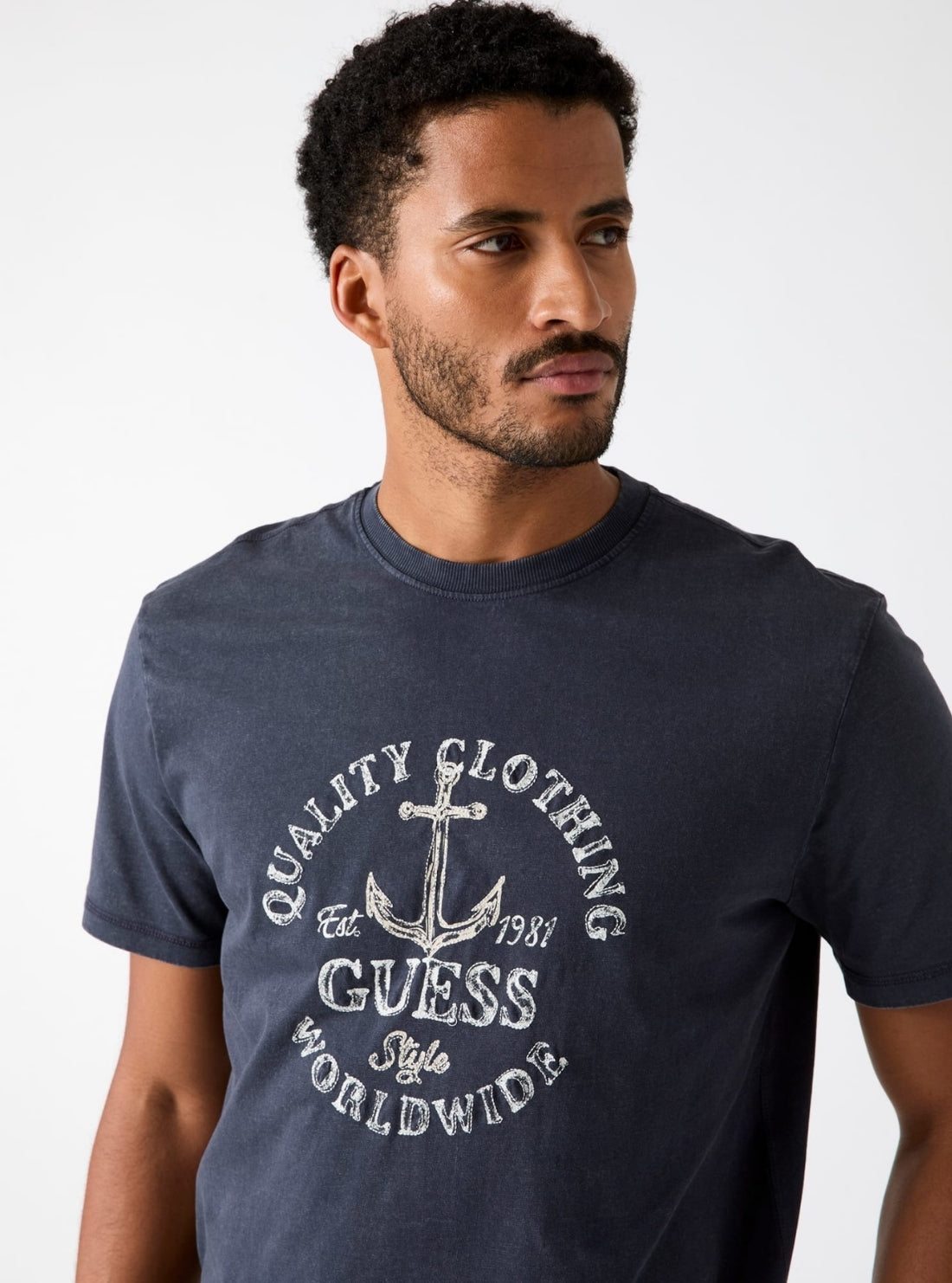 GUESS Mens Blue Guess Worldwide Marine T-Shirt M6GI43K3471 Detail View