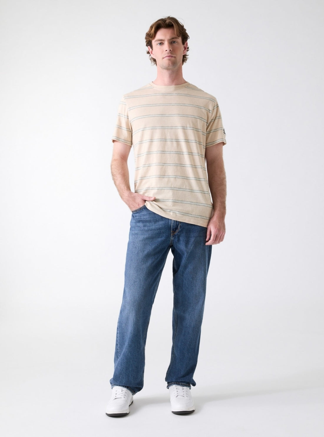GUESS Mens Beige Striped Acid Wash T-Shirt M6GI44K3473 Full View
