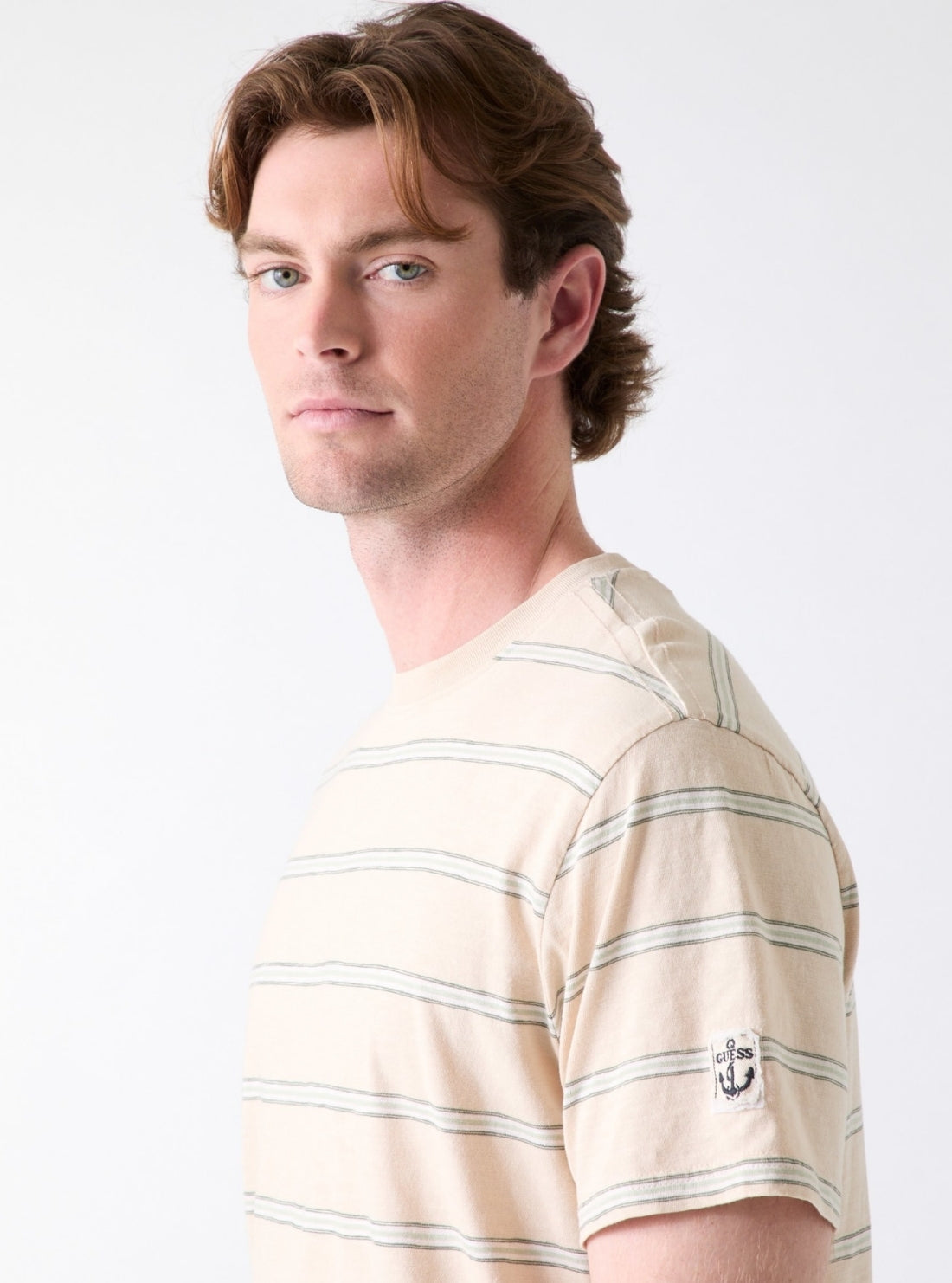 GUESS Mens Beige Striped Acid Wash T-Shirt M6GI44K3473 Detail View