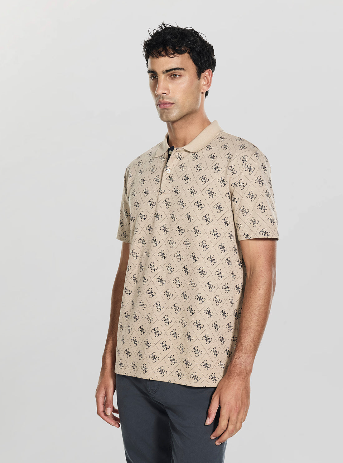 GUESS Mens Taupe All Over 4G Jacquard Polo Shirt M6GP04K3073 Side View