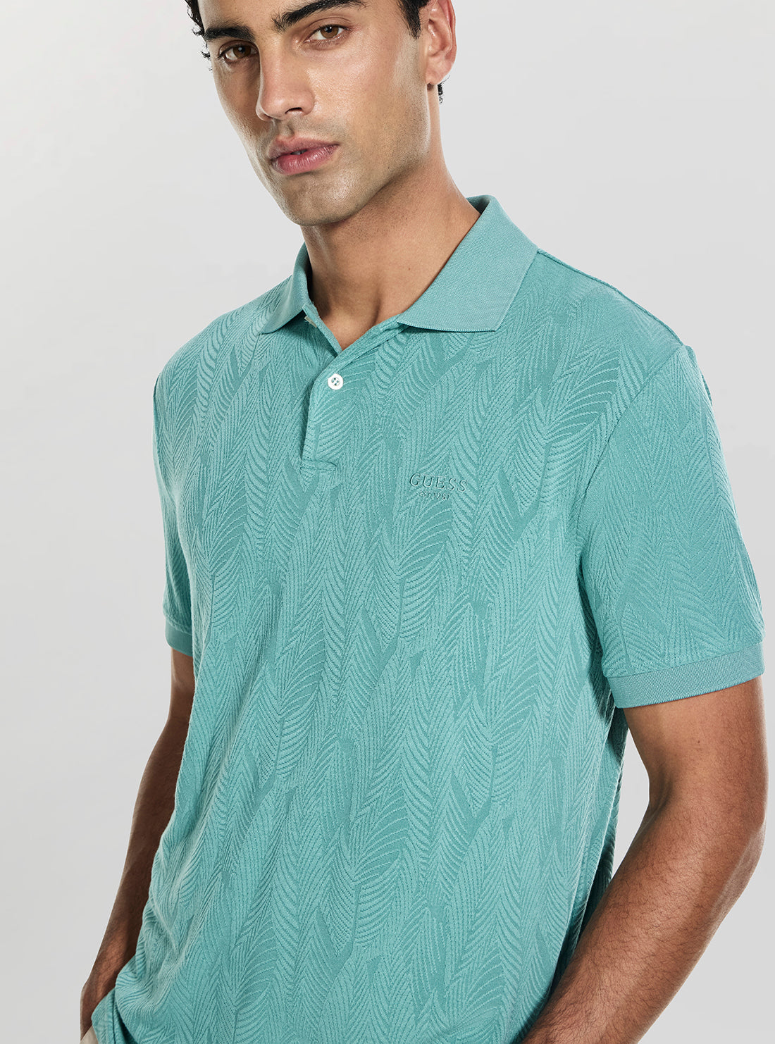 GUESS Mens Green Allover Foliage Jacquard Polo Shirt M6GP14K3082 Detail View