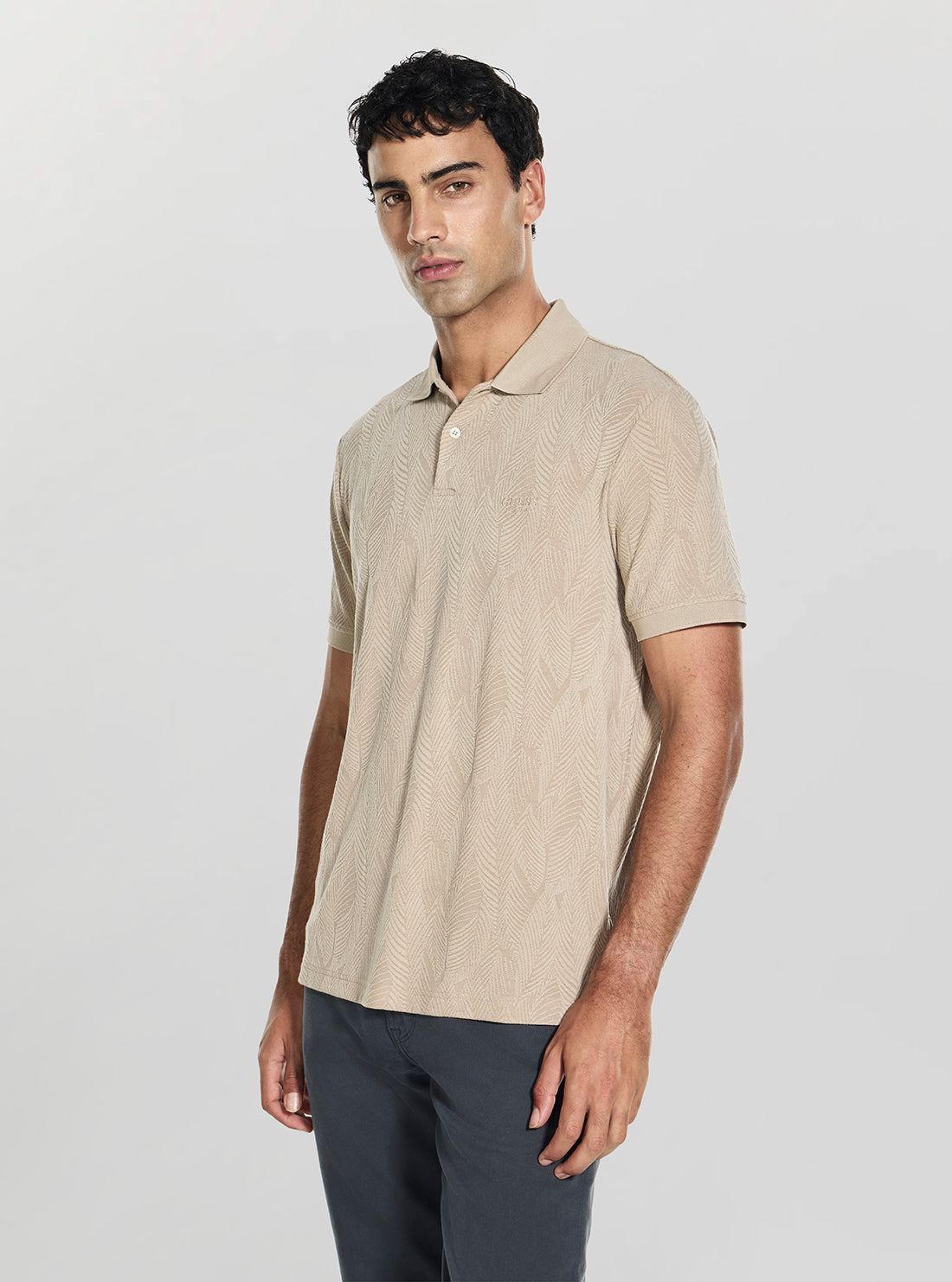 GUESS Mens Impact Grey Allover Foliage Jacquard Polo Shirt M6GP14K3082 Side View