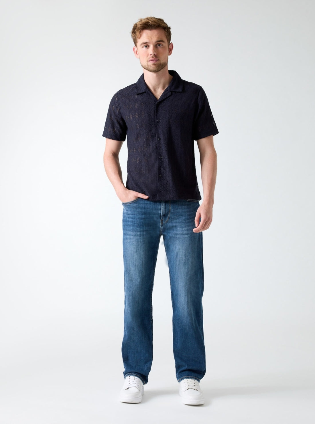 GUESS Mens Blue Coastal Crochet Resort Shirt M6GP40K3218 Model View