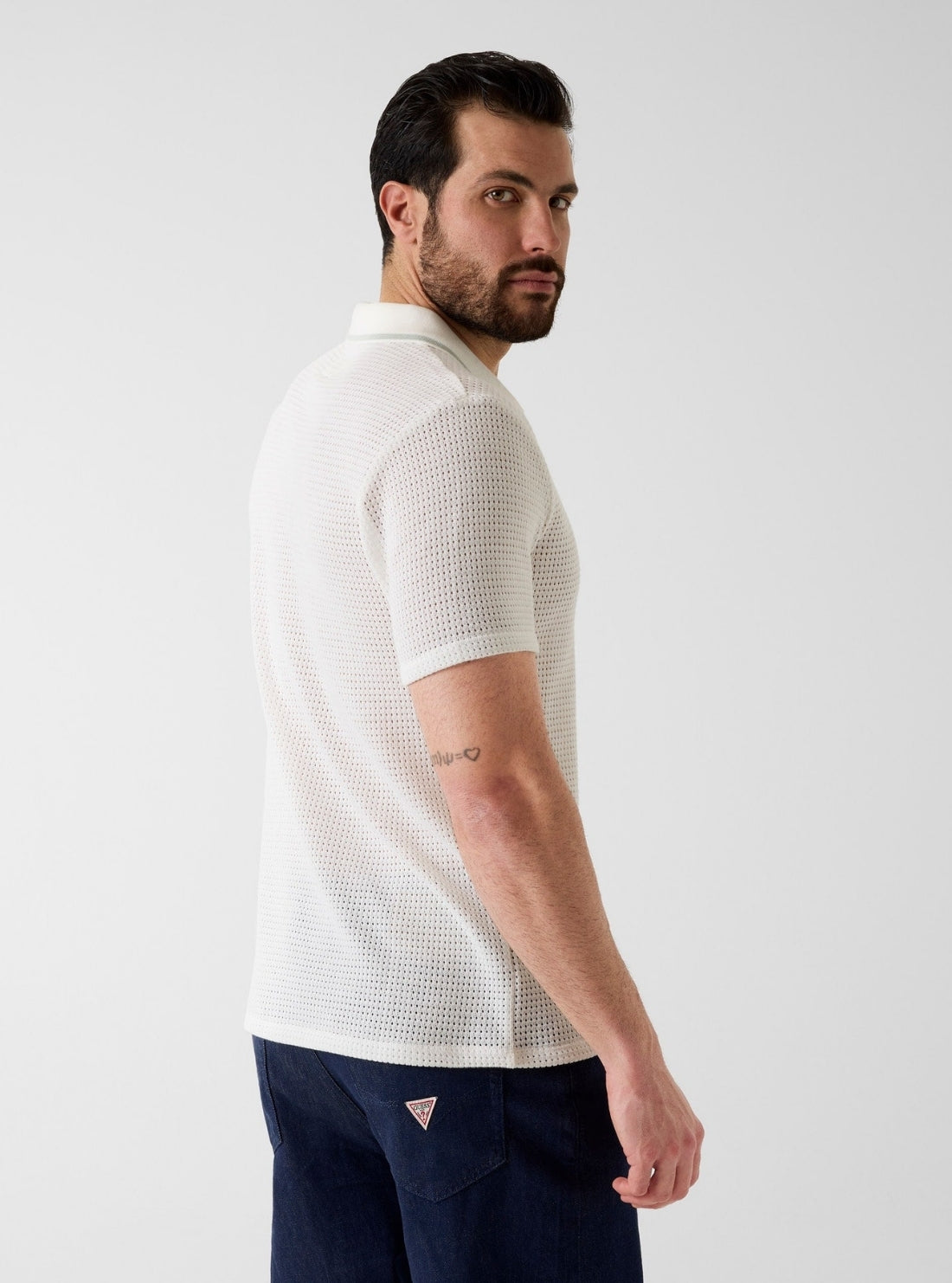 GUESS Mens White Daryl Crochet Knit Polo Shirt M6GP45K3230 Back View