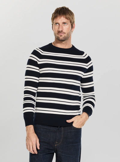 GUESS Mens Blue Salt White Stripes Larrie Sweater M6GR14Z0571 Front View