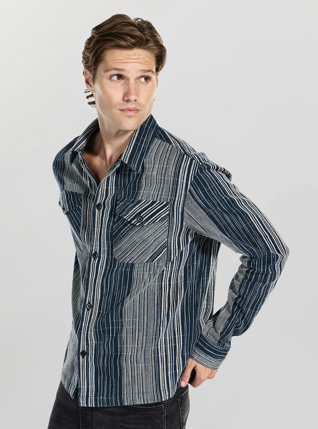 Multi Atlas Linear Jacquard Long Sleeve Shirt M6RH03WI810 Side View