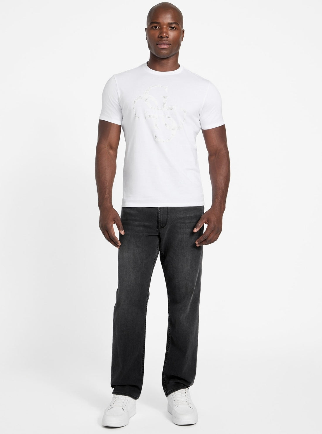 GUESS Mens Eco White Shimmer Quattro G T-Shirt M6RI03I3Z14 Full View