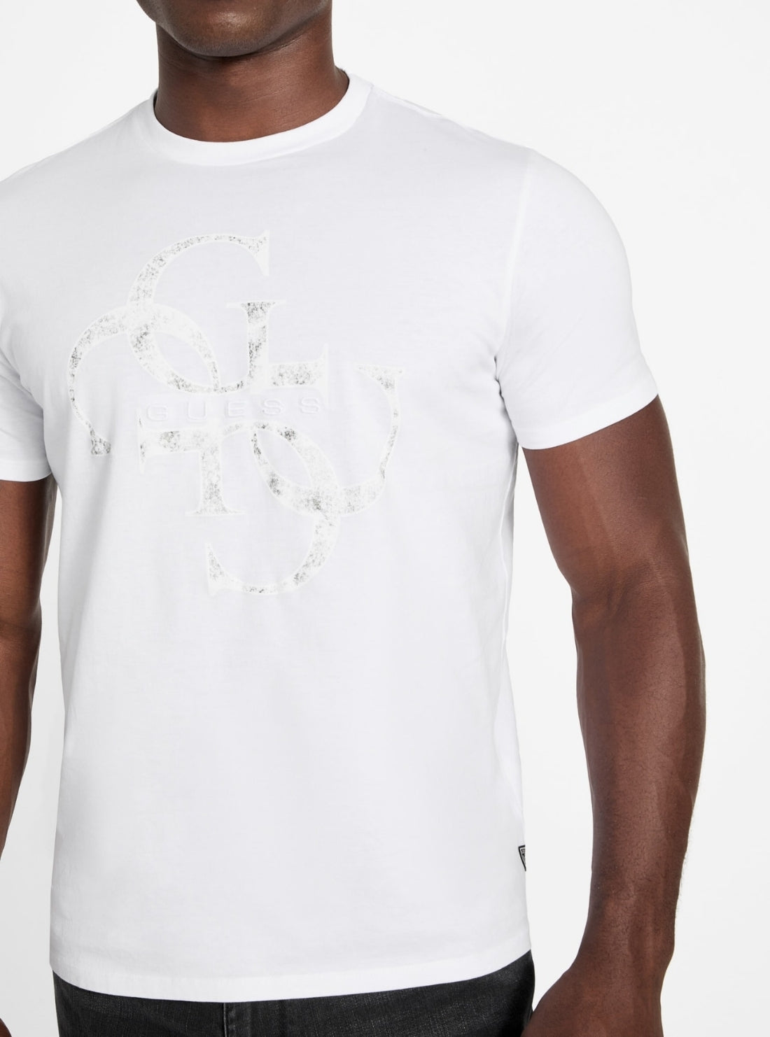 GUESS Mens Eco White Shimmer Quattro G T-Shirt M6RI03I3Z14 Front Detail View