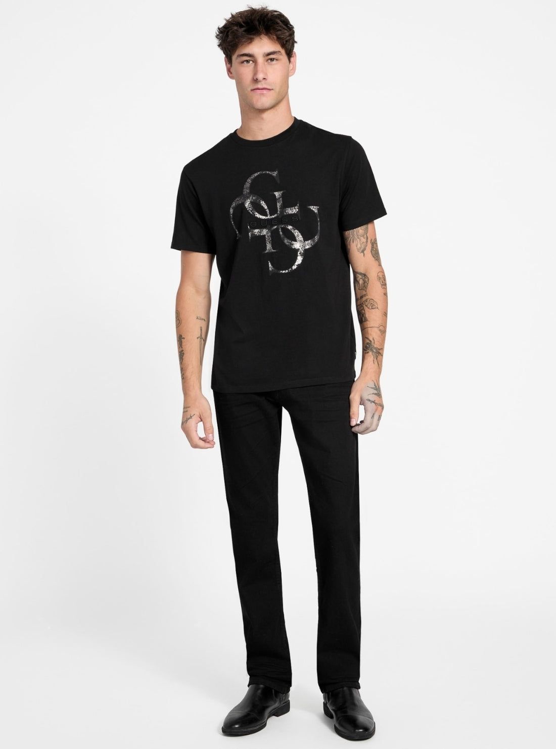 GUESS Mens Eco Black Shimmer Quattro G T-Shirt M6RI03I3Z14 Full view