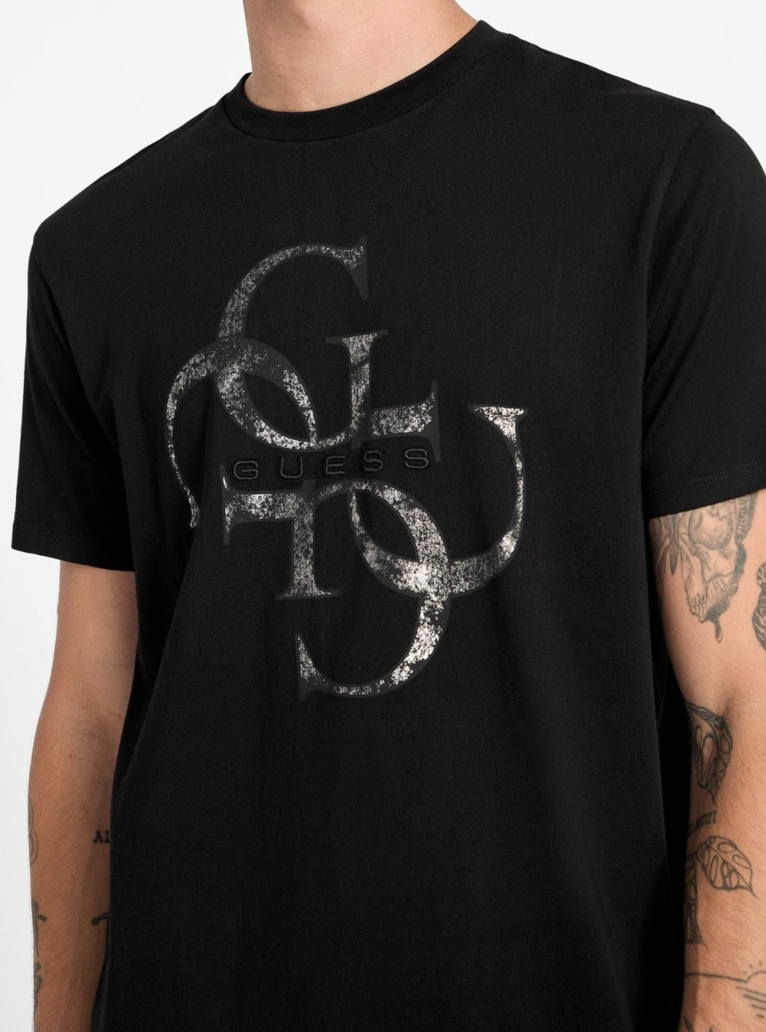 GUESS Mens Eco Black Shimmer Quattro G T-Shirt M6RI03I3Z14 Detail View
