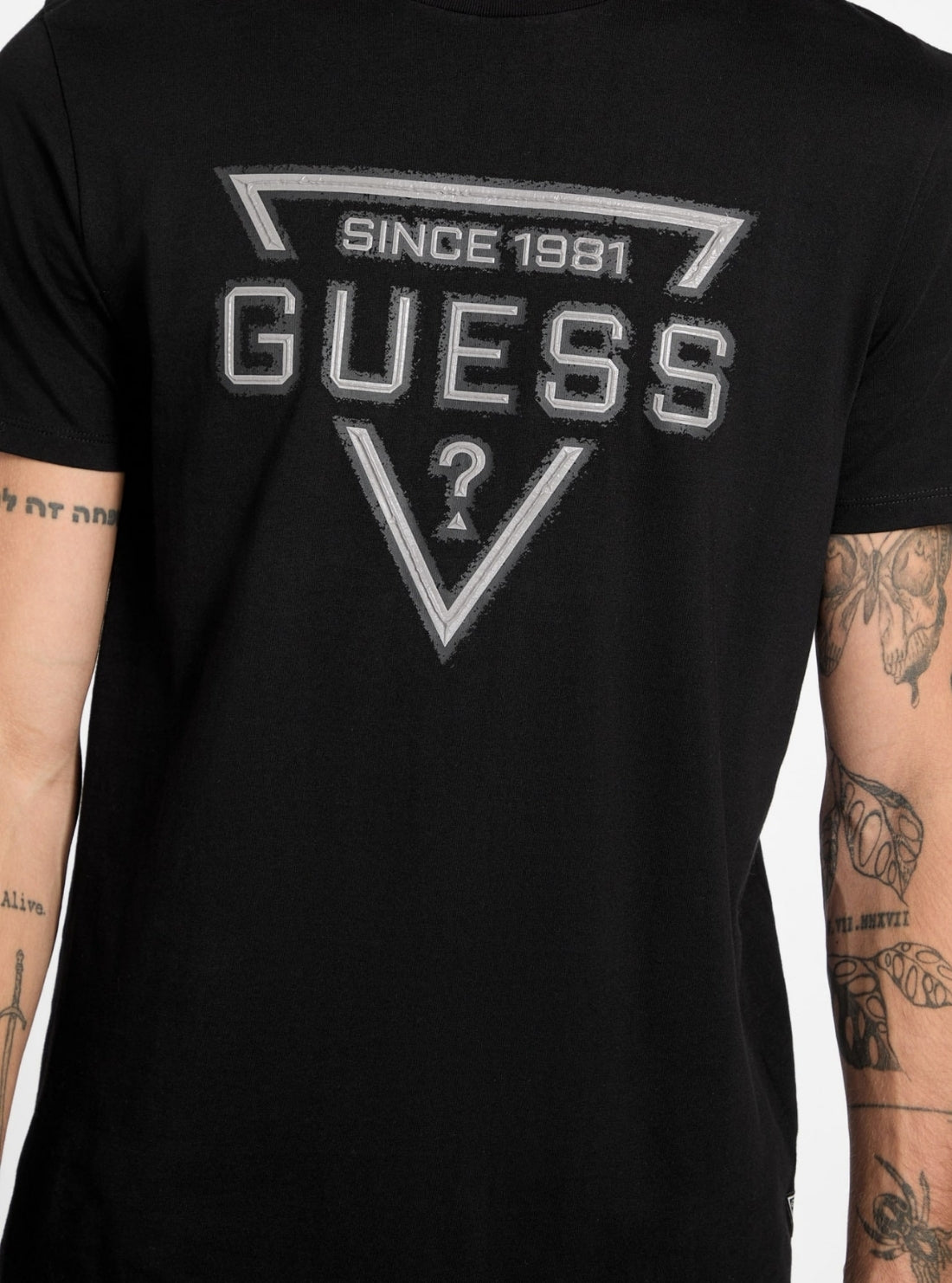 GUESS Mens Eco Black Painted Triangle T-Shirt M6RI09I3Z14 Detail View