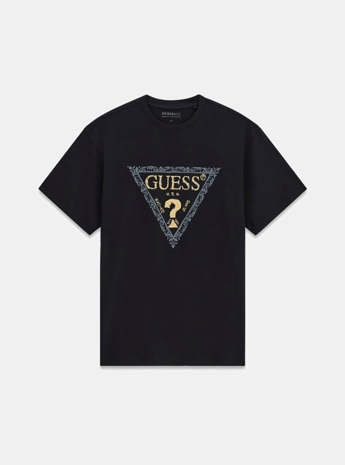 GUESS Mens Black Golden Triangle T-Shirt M6RI15I3Z14 Flatlay