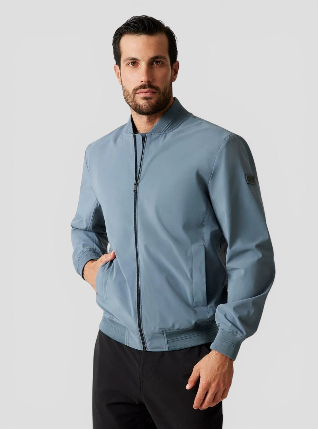 GUESS Mens Blue Stretch Packable Bomber Jacket M6RL09WJ362 Front View