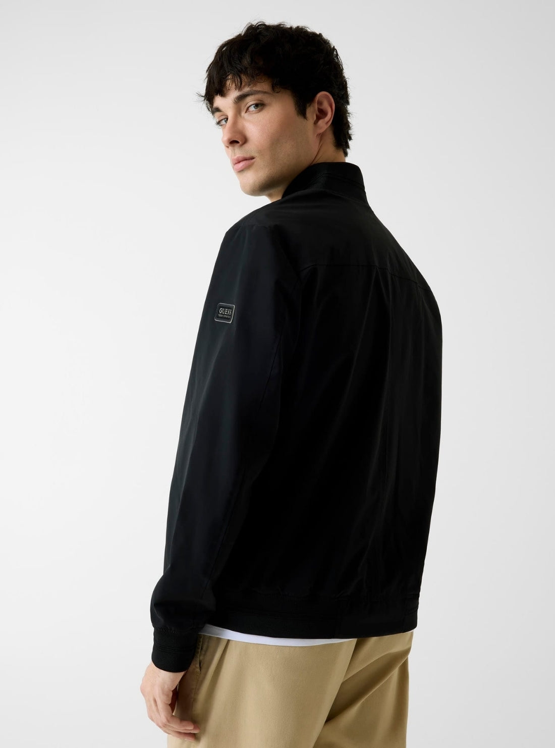 GUESS Mens Black Stretch Packable Bomber Jacket M6RL09WJ362 Back View