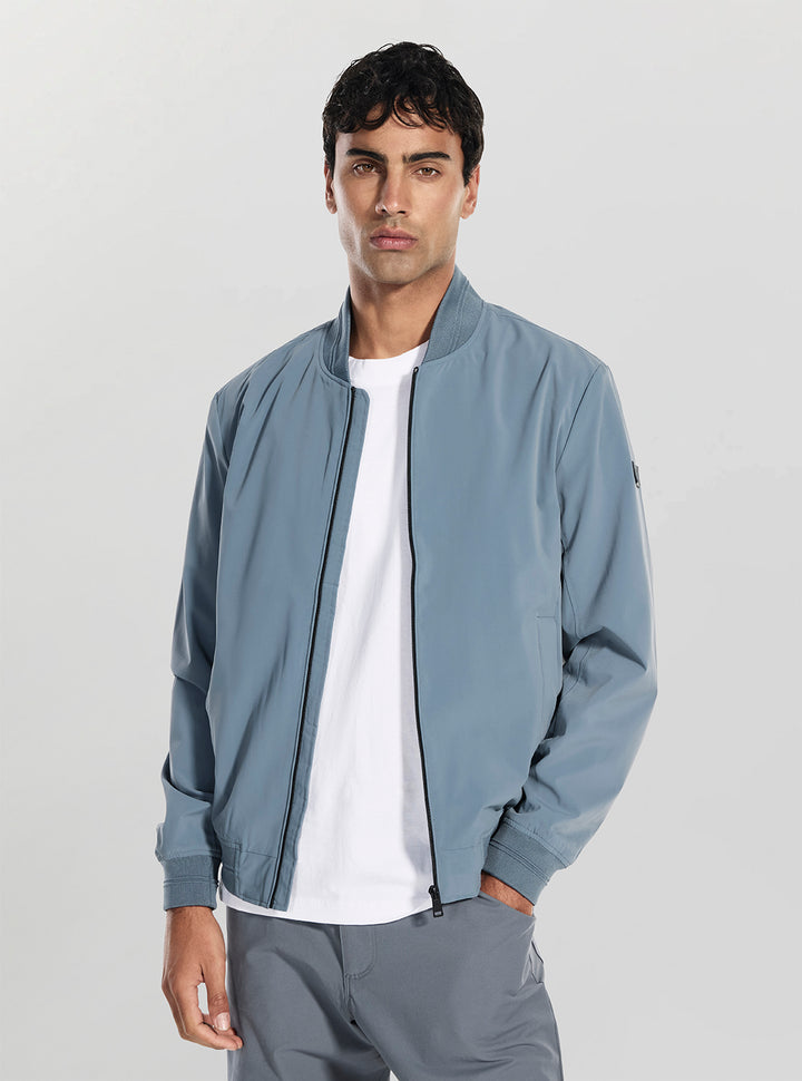 GUESS Mens Blue Stretch Packable Bomber Jacket M6RL09WJ362 Front View