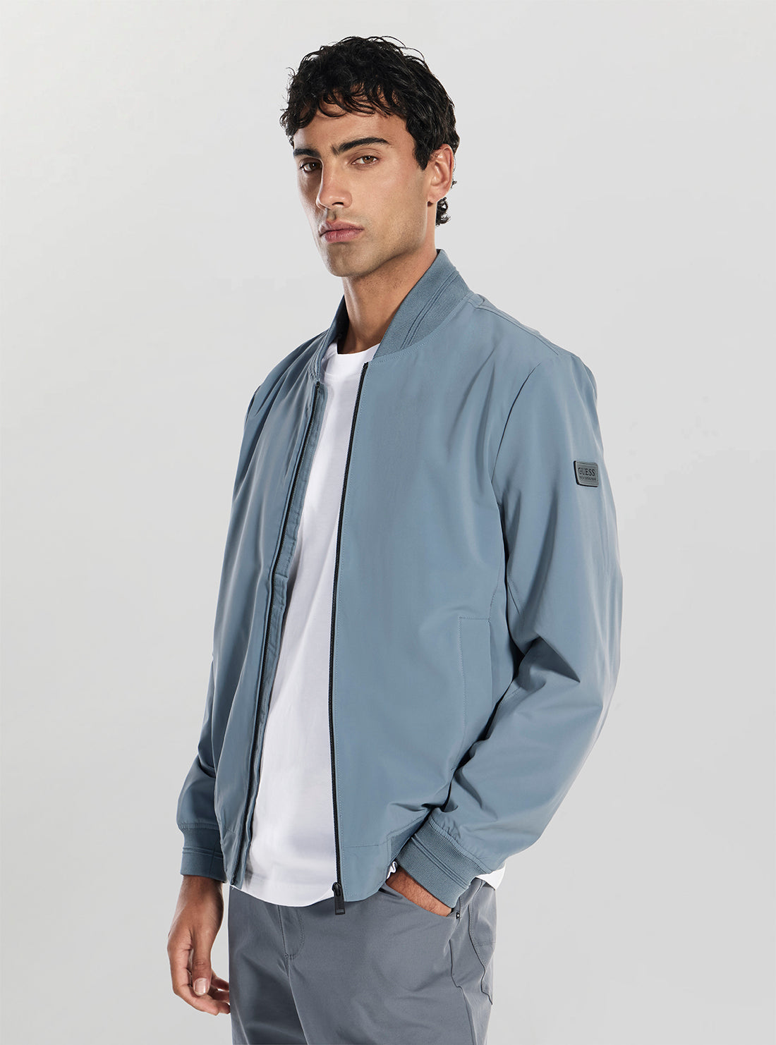 GUESS Mens Blue Stretch Packable Bomber Jacket M6RL09WJ362 Side VIew