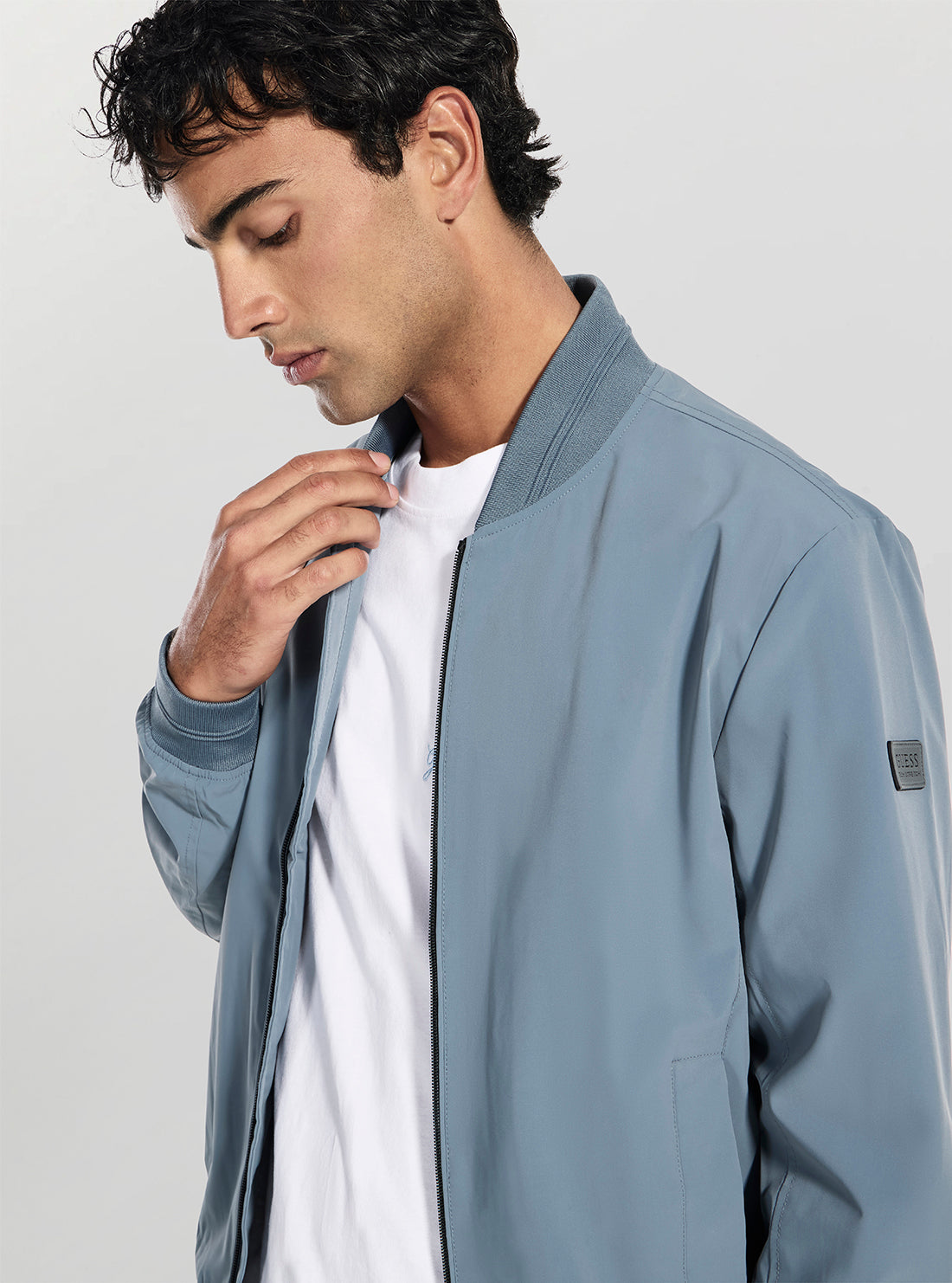 GUESS Mens Blue Stretch Packable Bomber Jacket M6RL09WJ362 Detail View