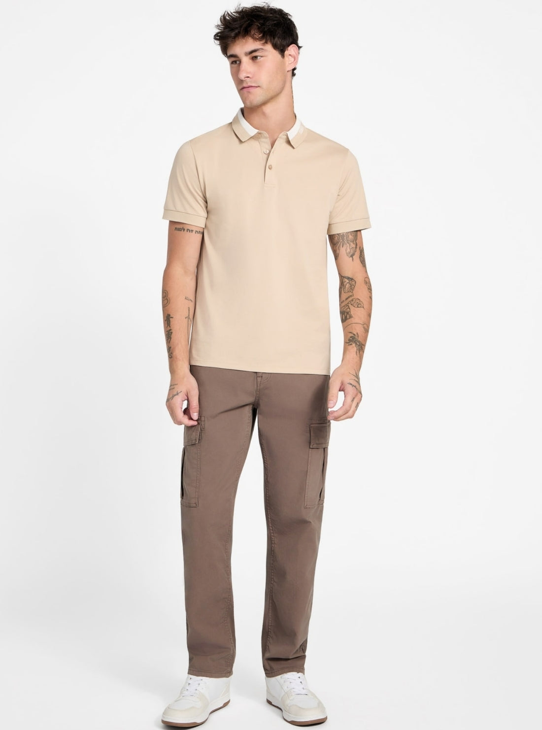 GUESS Mens Eco Beige Paul Collar Polo Shirt M6RP47KARS2 Full View