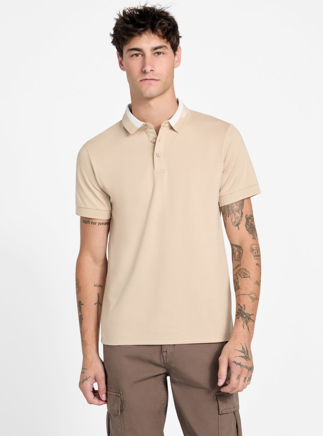 GUESS Mens Eco Beige Paul Collar Polo Shirt M6RP47KARS2 Front View