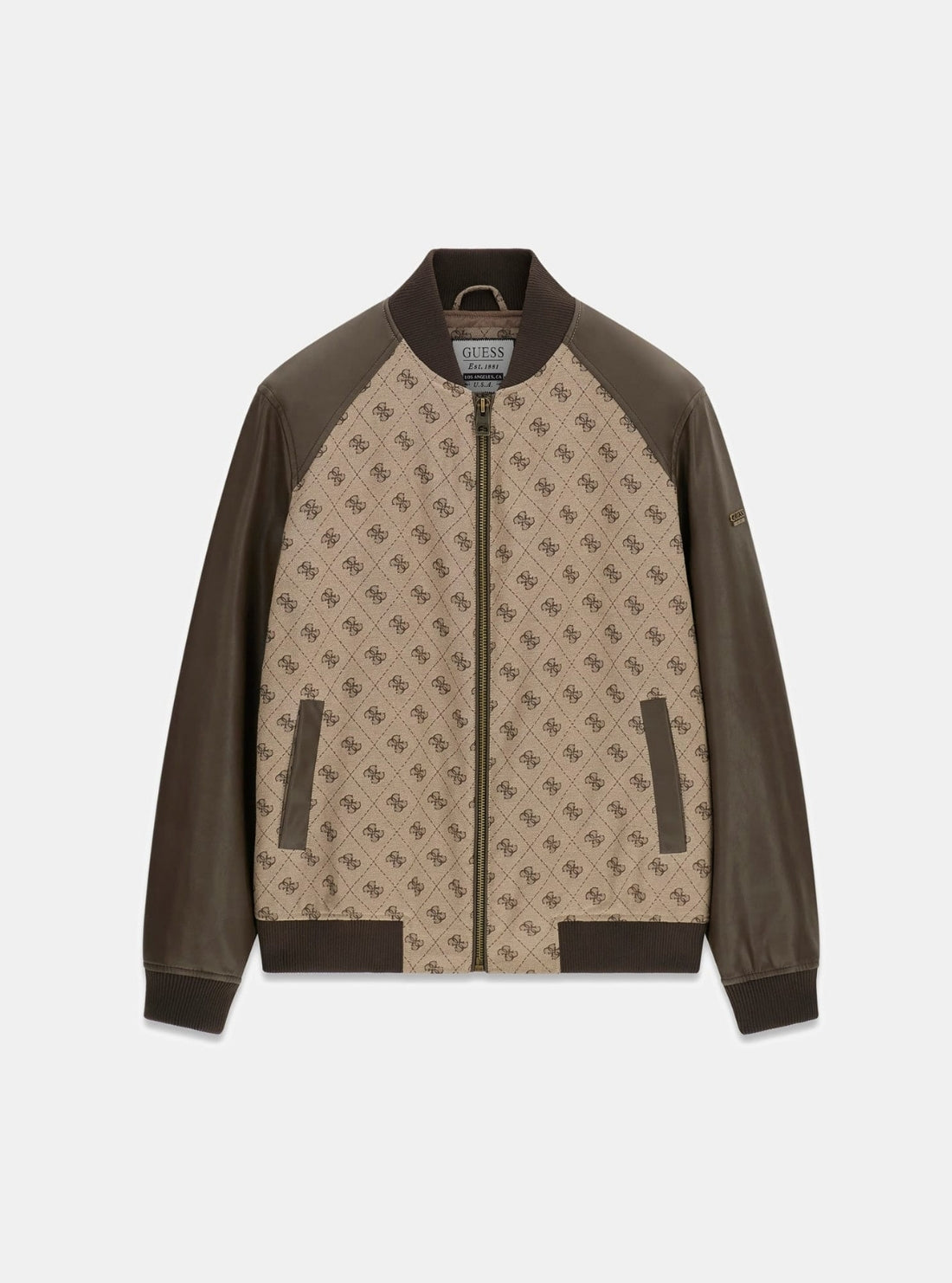 GUESS Mens Sand 4G Logo Monogram Bomber Jacket M6YL13W2804 Flatlay