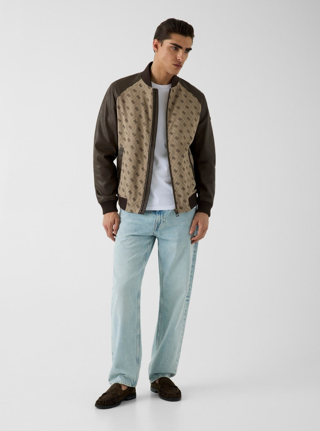 GUESS Mens Sand 4G Logo Monogram Bomber Jacket M6YL13W2804 Full View