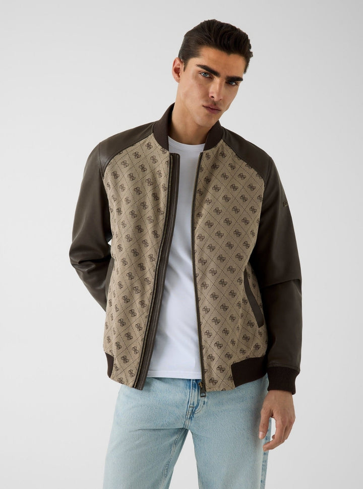 GUESS Mens Sand 4G Logo Monogram Bomber Jacket M6YL13W2804 Front View