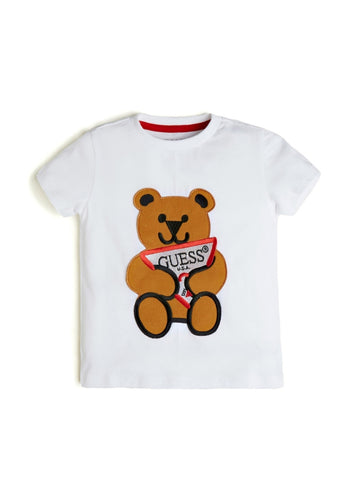 GUESS Kids White Teddy Bear Logo Embroidered T-Shirt (12-24m) Front View