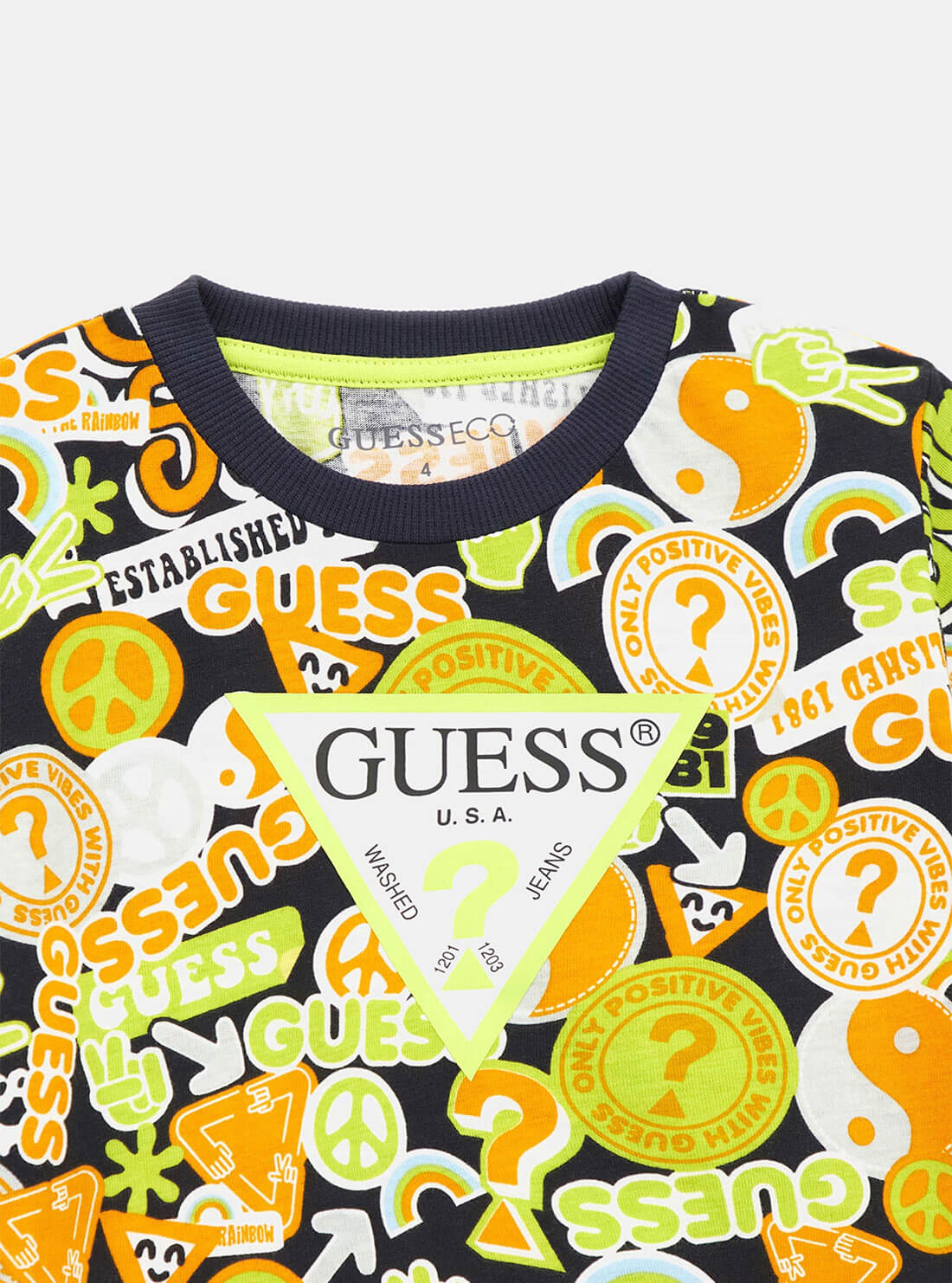 Black Neon Peace Print Logo T-Shirt (2-7) | GUESS kids | detail view