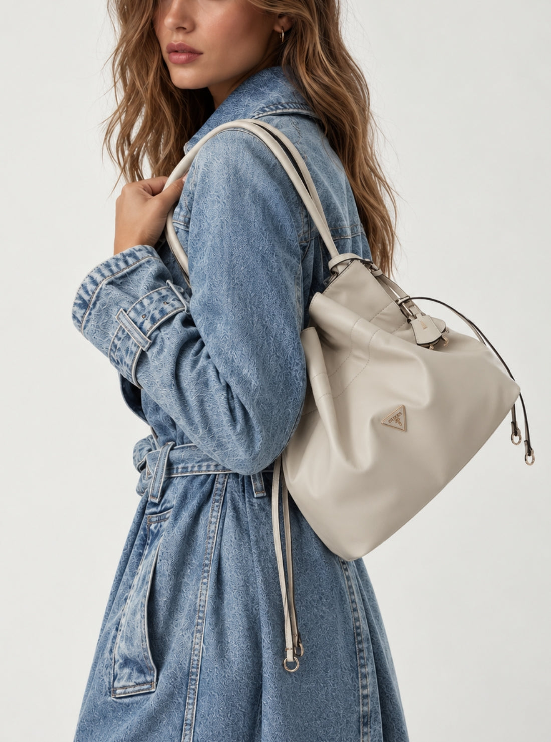 GUESS Womens Bone Karima Drawstring Tote Bag NG224923 Model View