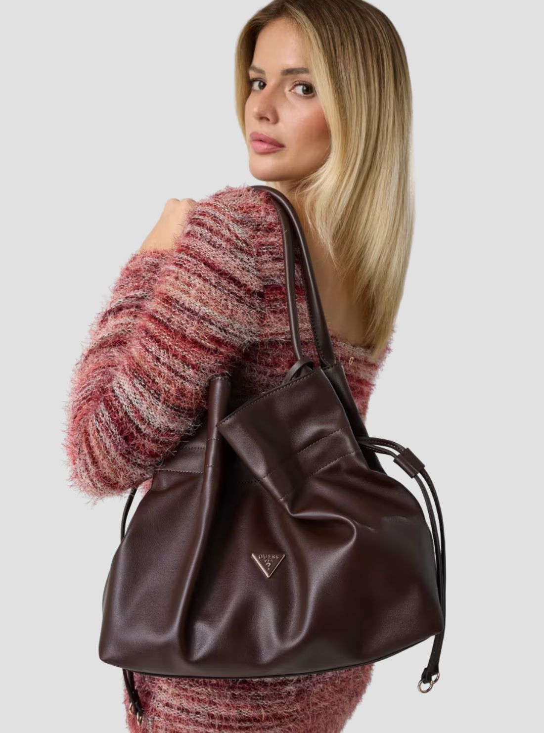 GUESS Womens Brown Karima Drawstring Tote Bag NG224923 Model View