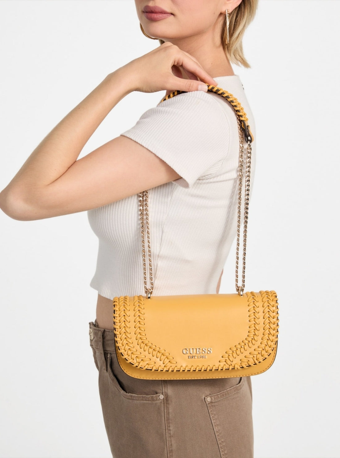 GUESS Womens Yellow Tatum Convertible Crossbody Flap Bag NG966721 Model View