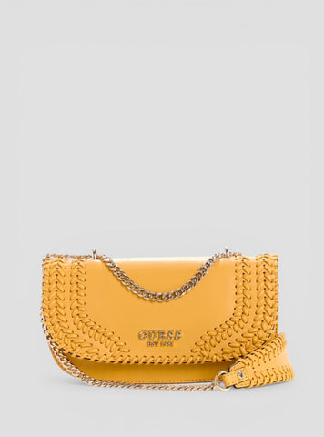 GUESS Womens Yellow Tatum Convertible Crossbody Flap Bag NG966721 Front View