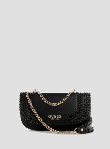 GUESS Womens Black Tatum Convertible Crossbody Flap Bag NG966721 Front View