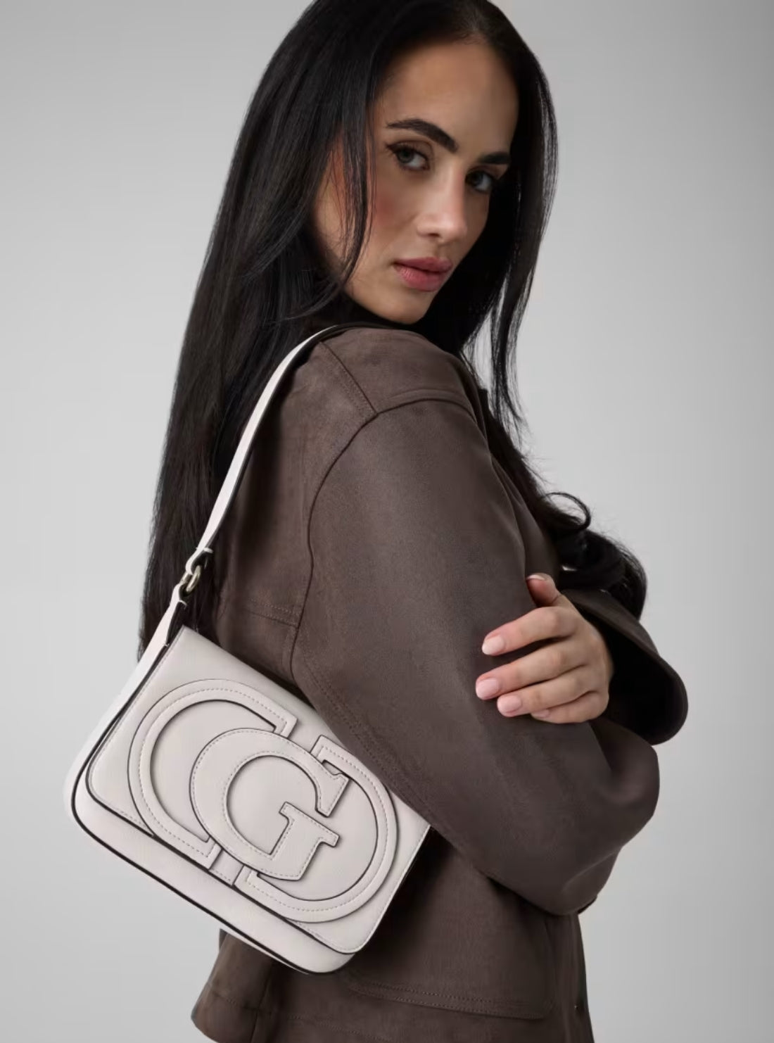 GUESS Womens White Ruby Flap Shoulder Bag NG974019 Model View