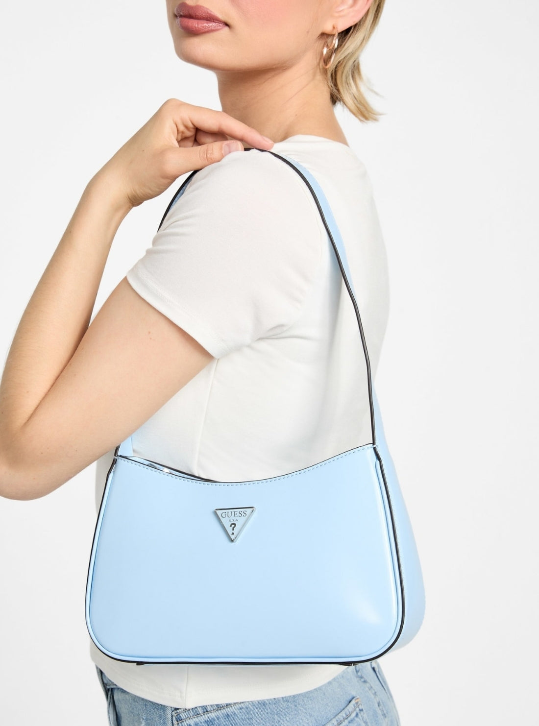 GUESS Womens Blue Arnela Top Zip Shoulder Bag NY949617 Model View