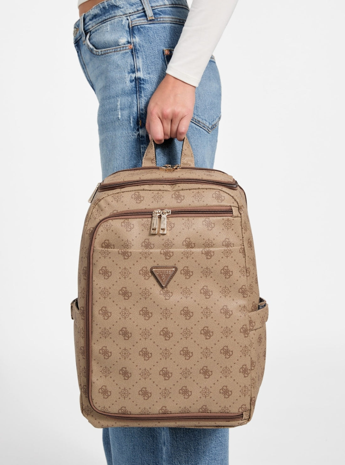 GUESS Accessories Brown Logo Berta U-Zip Backpack OB8688033 Model View