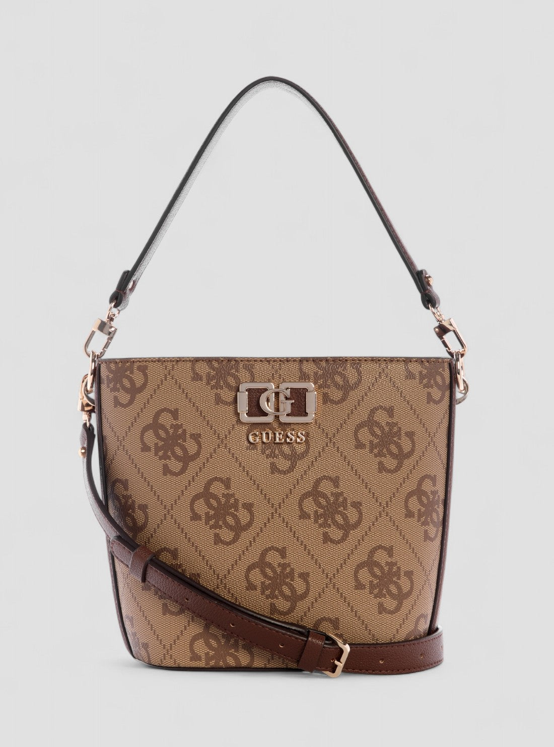 GUESS Womens Brown Logo Karnilla Logo Bucket Bag OS990101 Front View