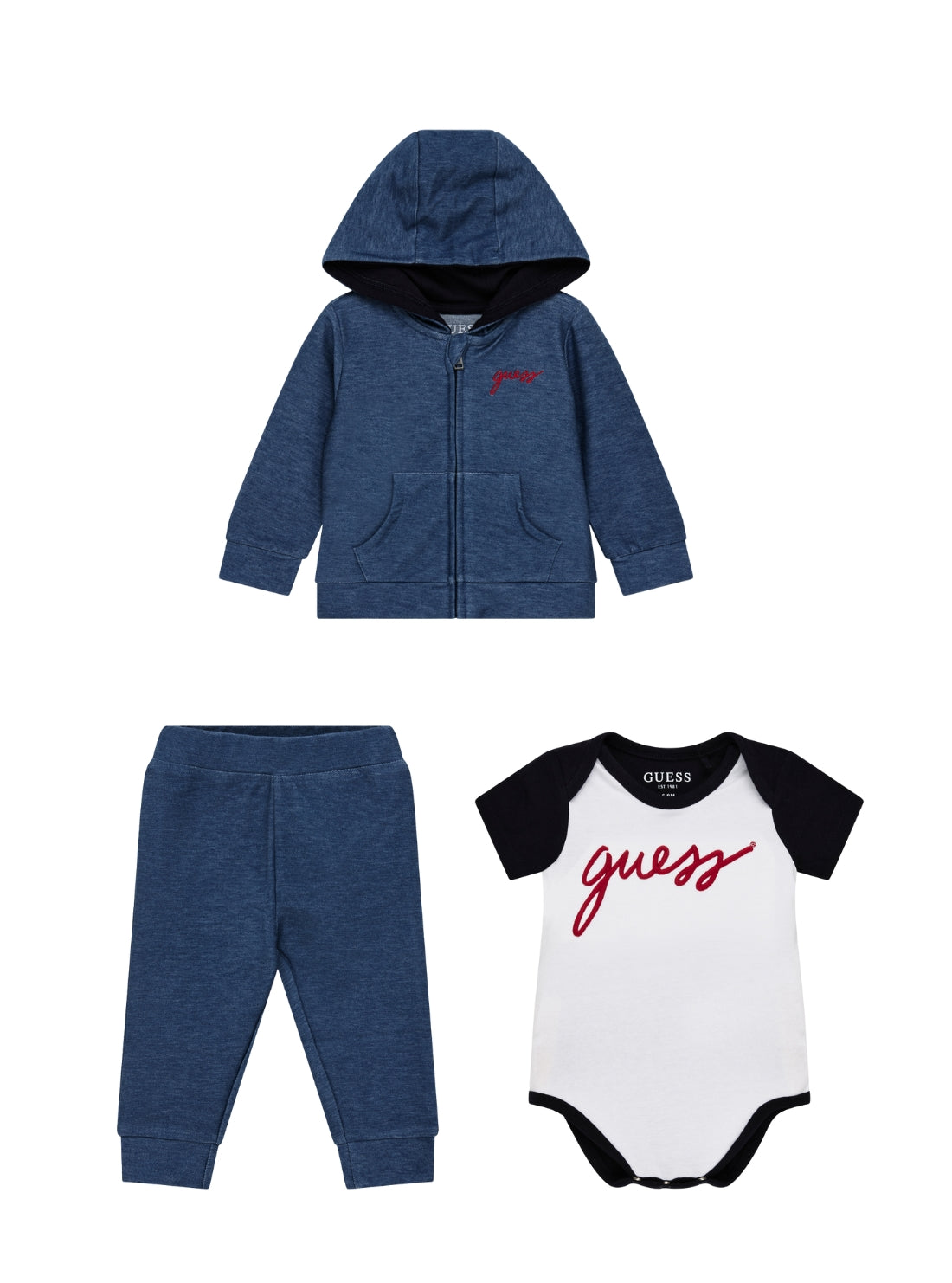 GUESS Kids 3-piece Multi Hooded Top, Bodysuit and Pants Set (0-9m) Front View_2