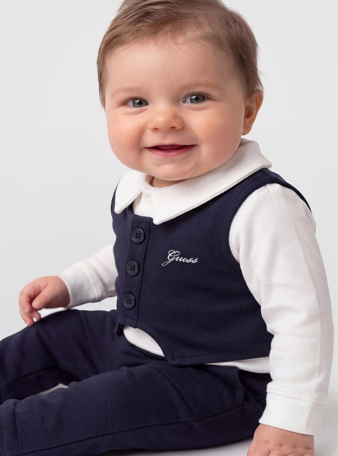 GUESS Kids White Vest Bodysuit and Pants Set (0-9m) P6BG09K5985 Model View