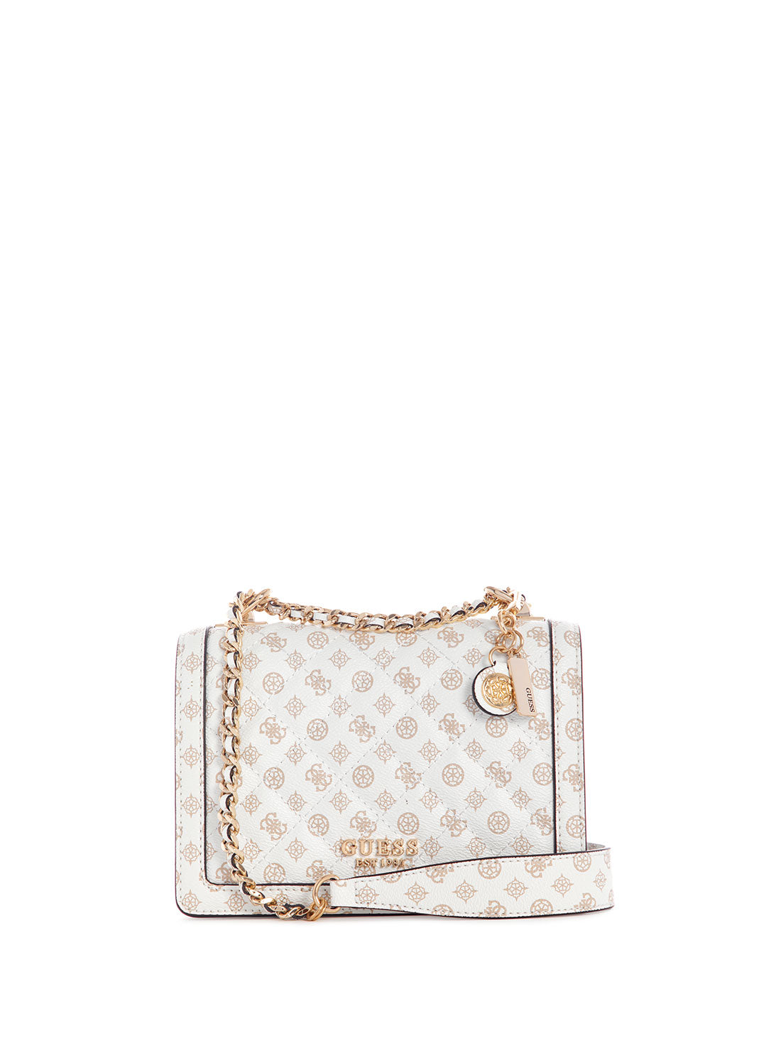 guess womens White Abey Convertible Crossbody Bag front view
