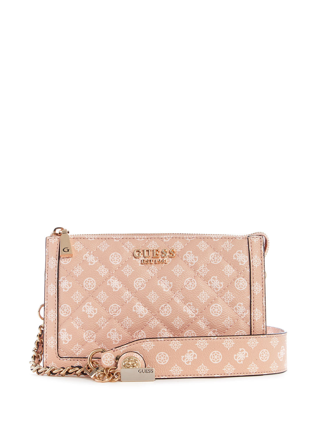 guess womens Rose Pink Logo Abey Multi Compartment Shoulder Bag front view