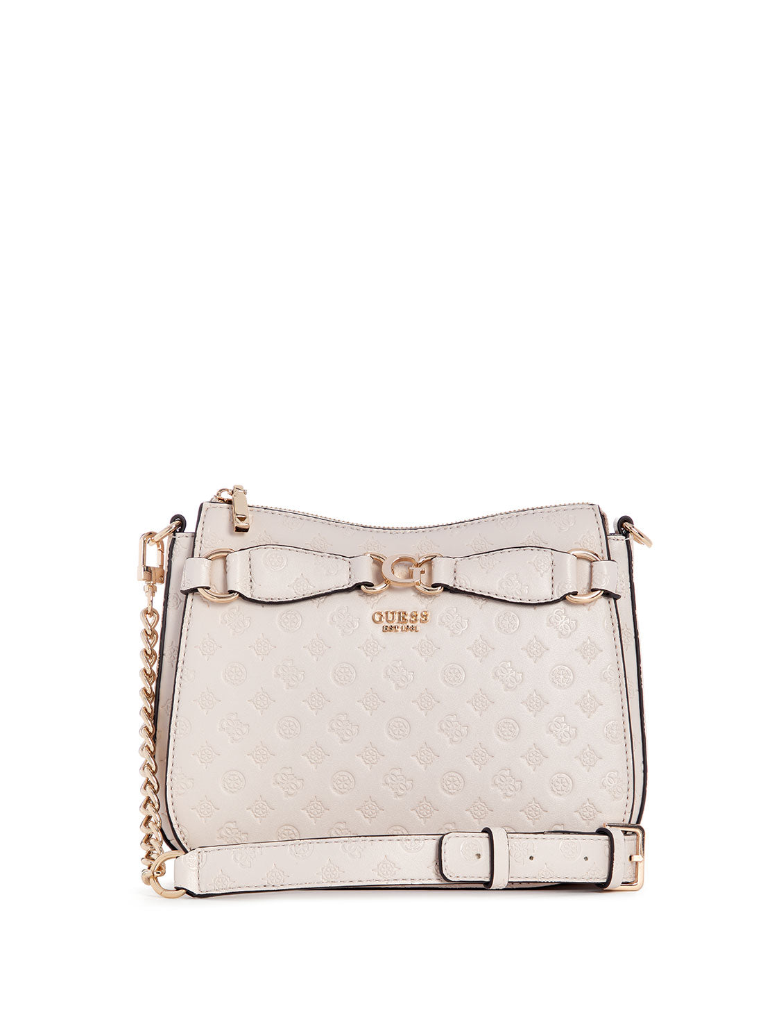 GUESS Taupe Logo Arlena Crossbody Hobo Bag front view