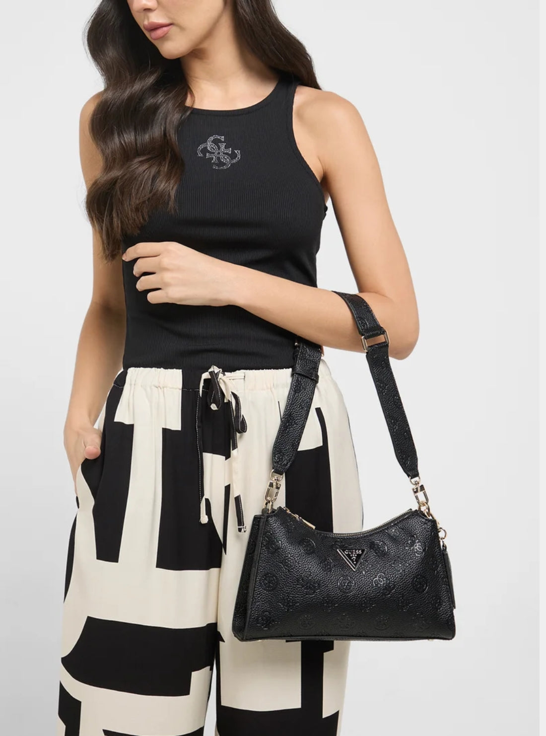 GUESS Womens Black Cresidia Top Zip Shoulder Bag PG934918 Model View