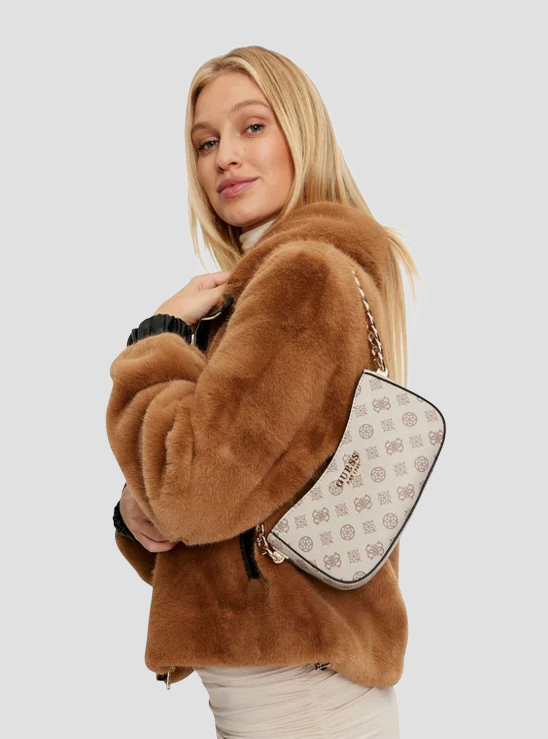 GUESS Women's White Evelune Top Zip Shoulder Bag PG935318 On Body View